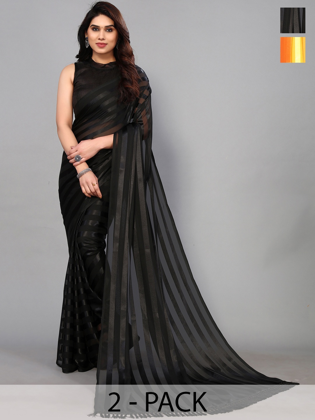 

ANAND SAREES Striped Satin Saree, Black