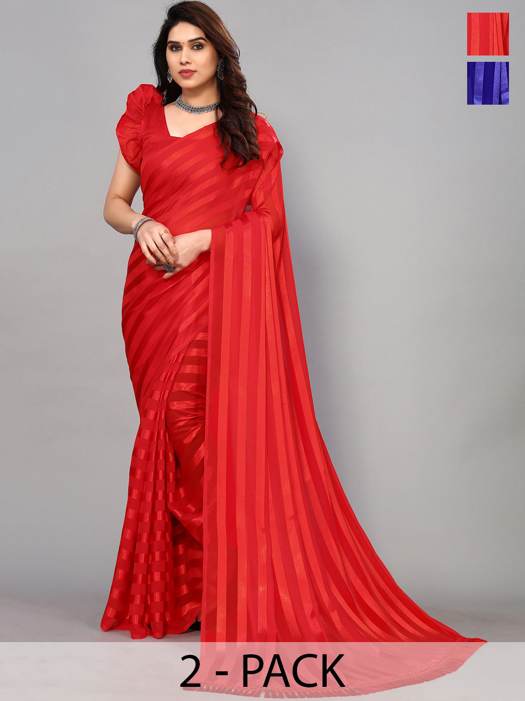 

ANAND SAREES Striped Satin Saree, Blue