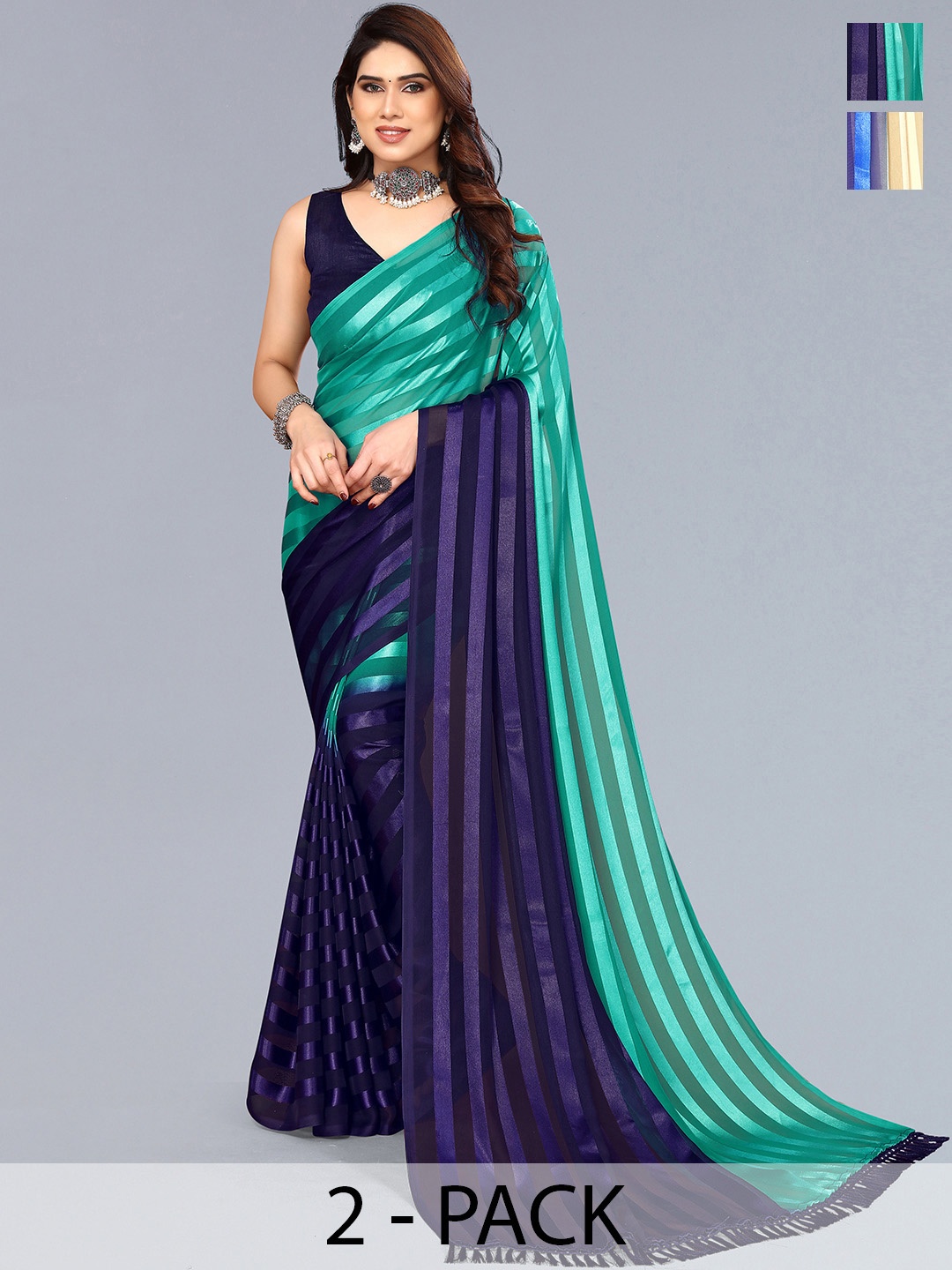 

ANAND SAREES Striped Satin Saree, Sea green