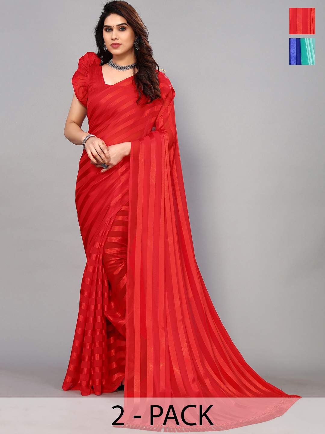 

ANAND SAREES Striped Satin Saree, Red