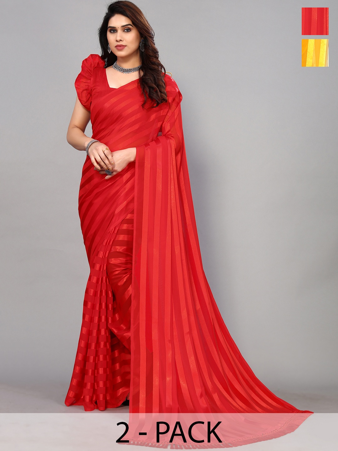 

ANAND SAREES Striped Satin Saree, Red