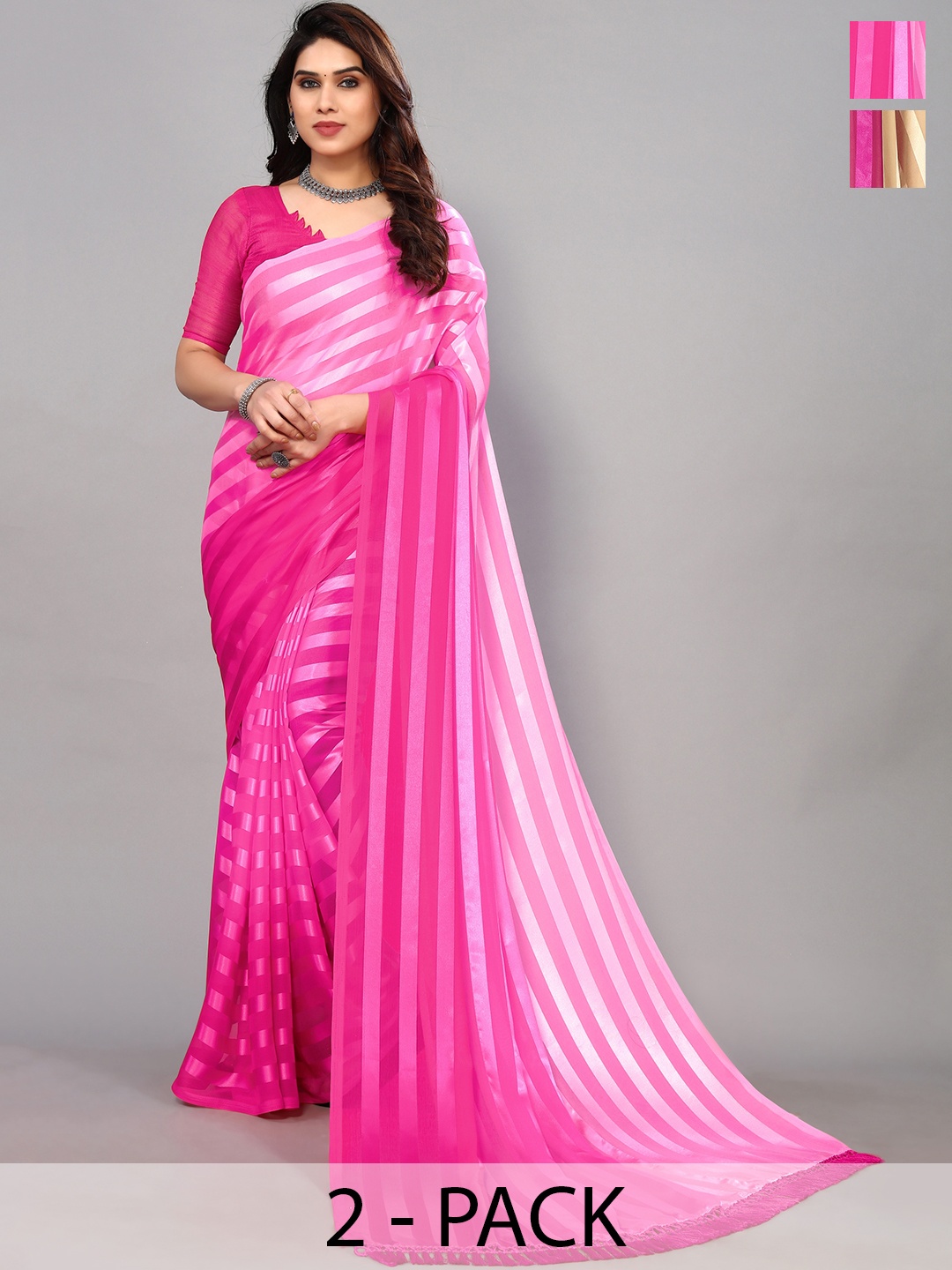 

ANAND SAREES Striped Satin Saree, Beige
