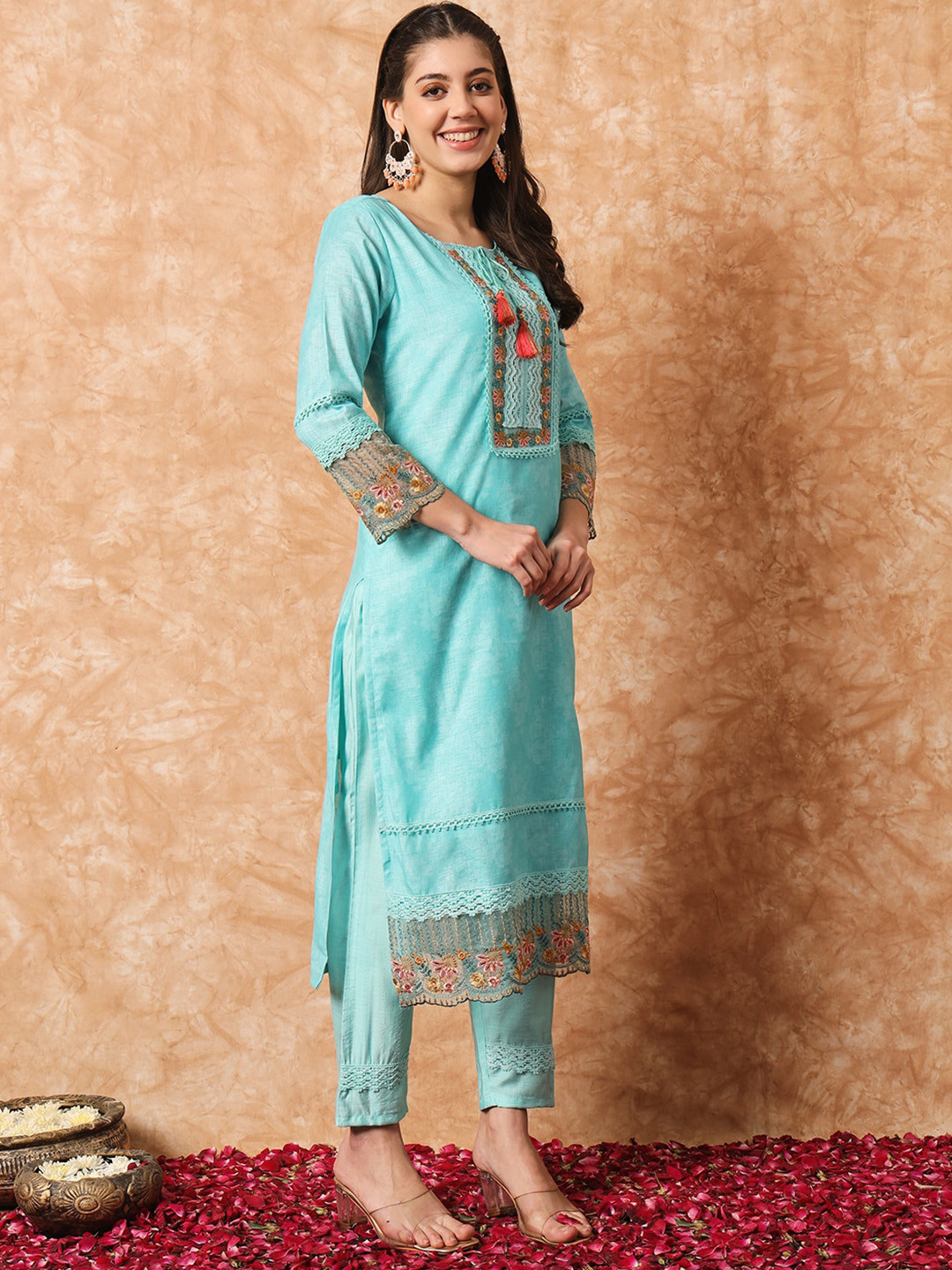 

KALINI Floral Embroidered Straight Kurta With Trousers & Dupatta, Blue