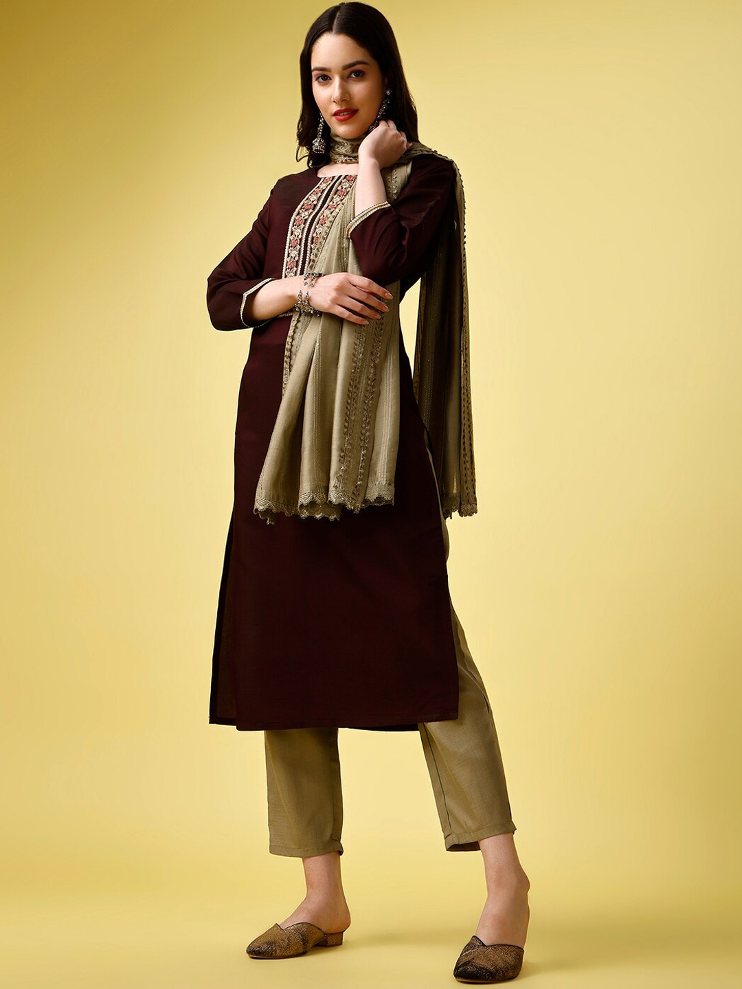 

KALINI Floral Embroidered Regular Kurta with Trousers & Dupatta, Brown