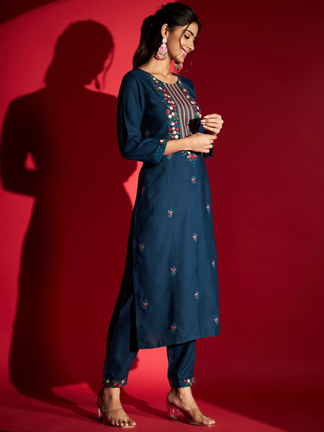 

KALINI Floral Embroidered Regular Kurta with Trousers & With Dupatta, Teal