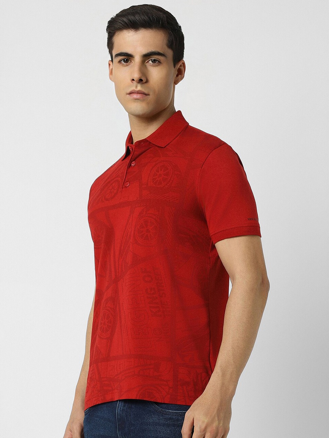 

VAN HEUSEN DENIM LABS Self Design Polo Collar Cotton T-shirt, Red