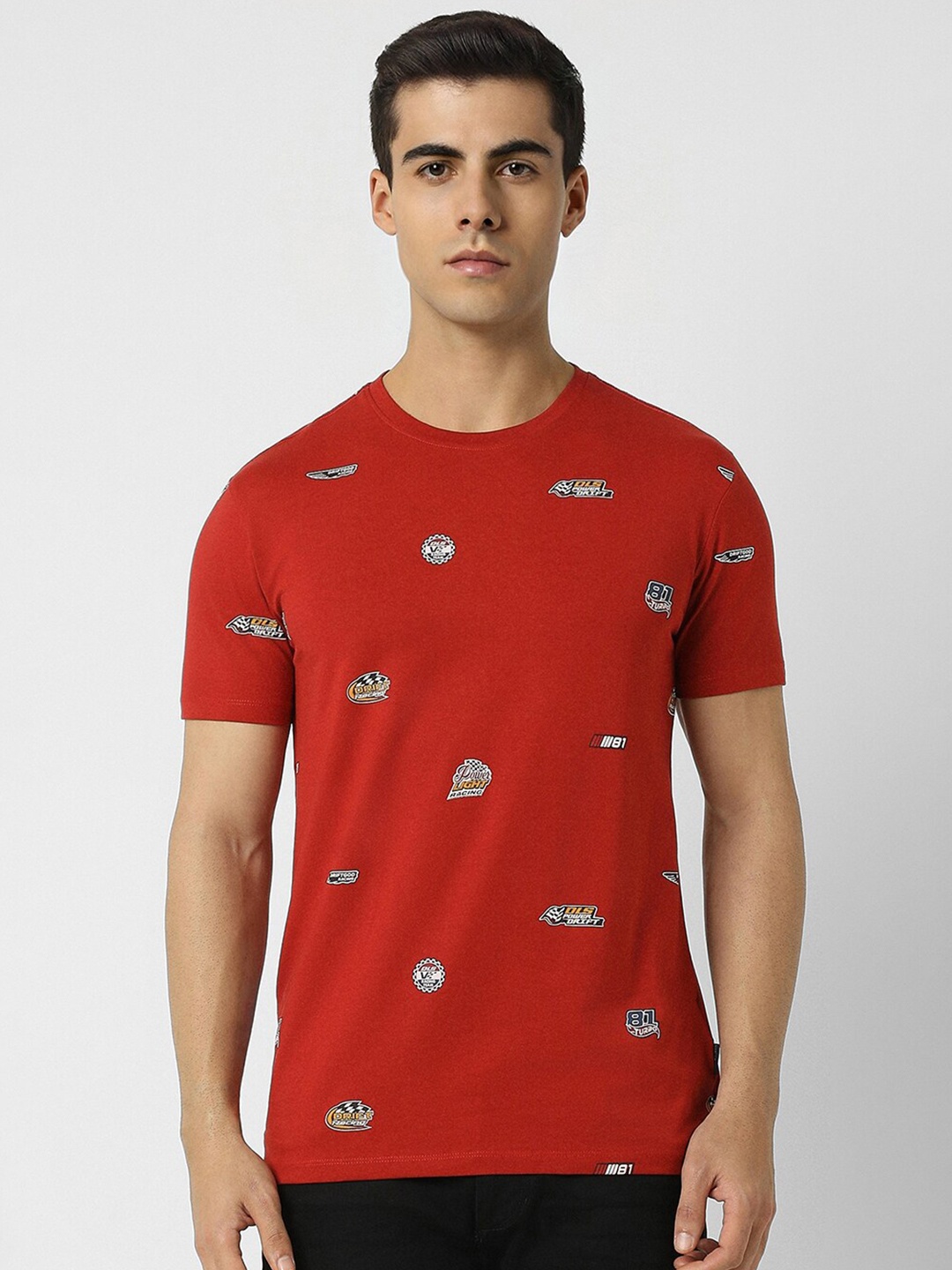 VAN HEUSEN DENIM LABS Conversational Printed Round Neck Cotton T-shirt, Red