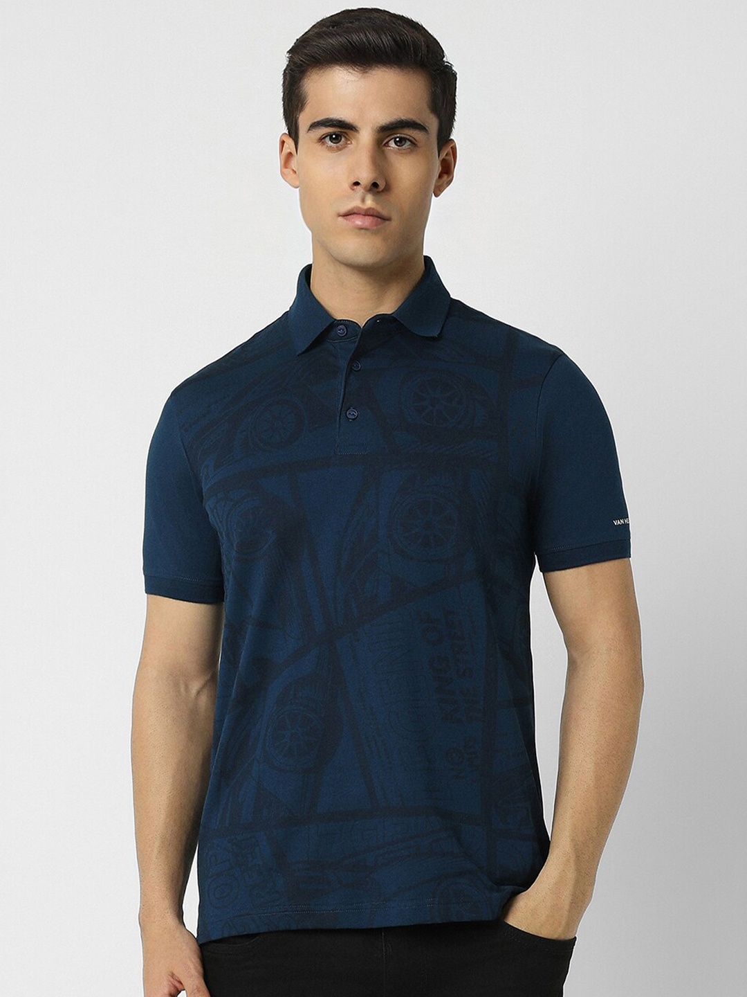 

VAN HEUSEN DENIM LABS Self Design Polo Collar Cotton T-shirt, Navy blue