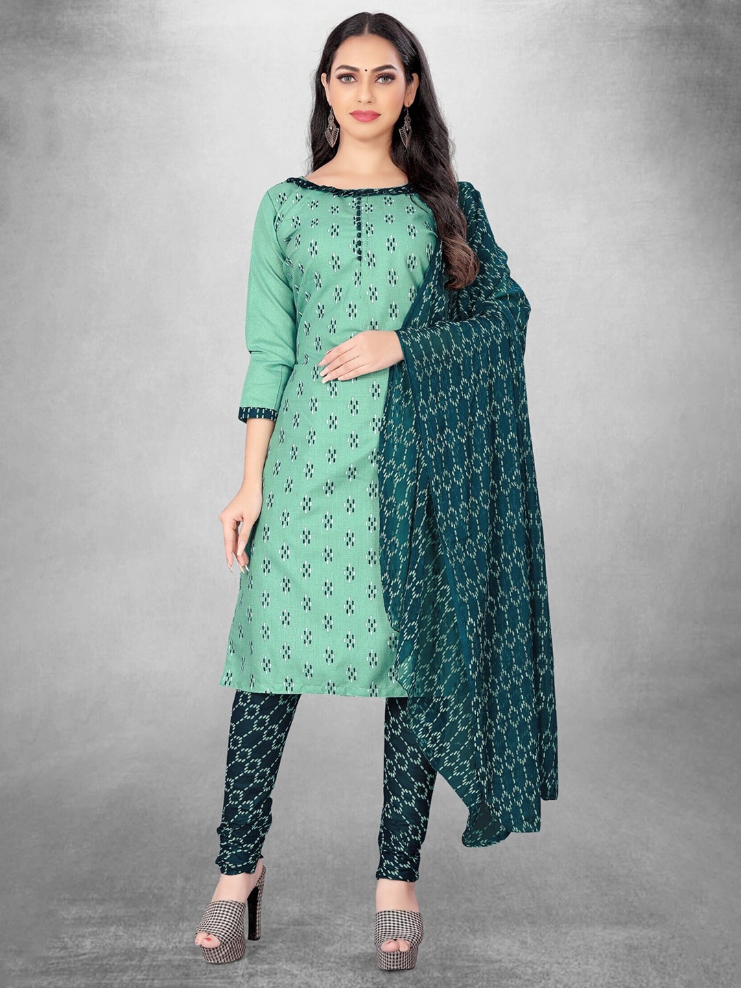 

Panzora Geometric Printed Cotton Unstitched Dress Material, Sea green