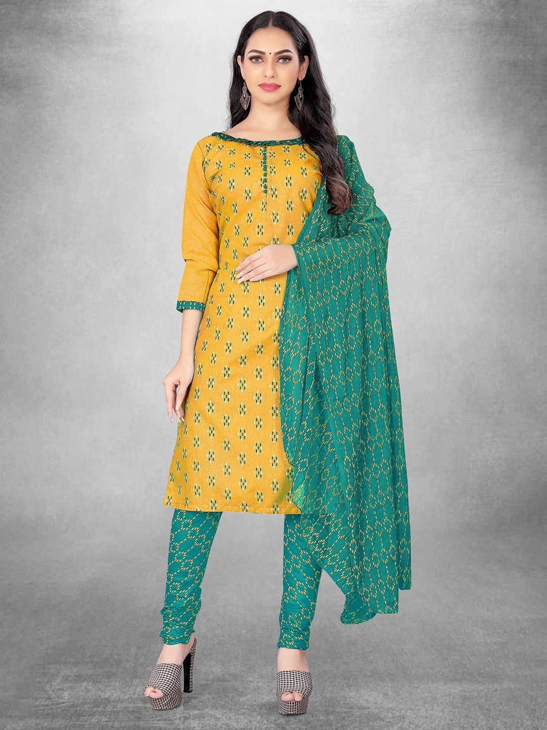 

Panzora Geometric Printed Cotton Unstitched Dress Material, Yellow