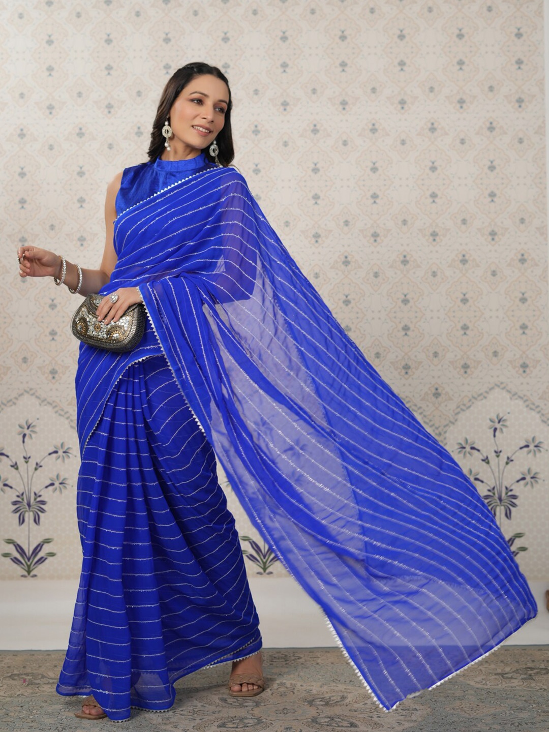 

Ode by House of Pataudi Striped Gotta Patti Pure Georgette Saree, Blue