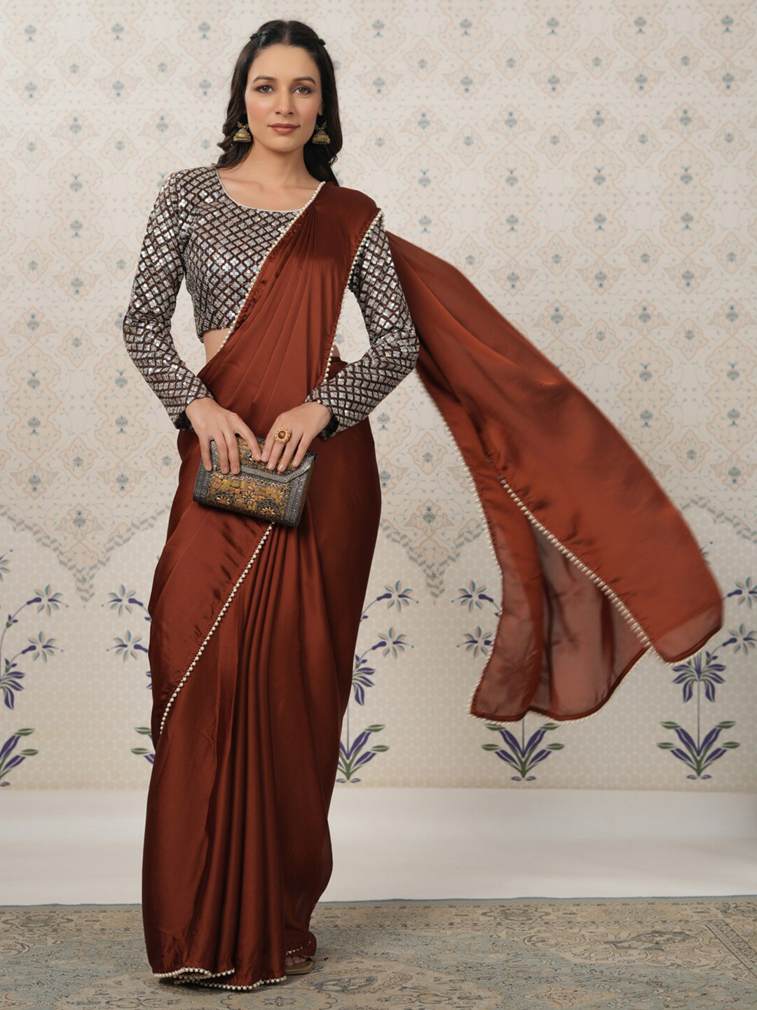 

Ode by House of Pataudi Embroidered Satin Saree, Coffee brown