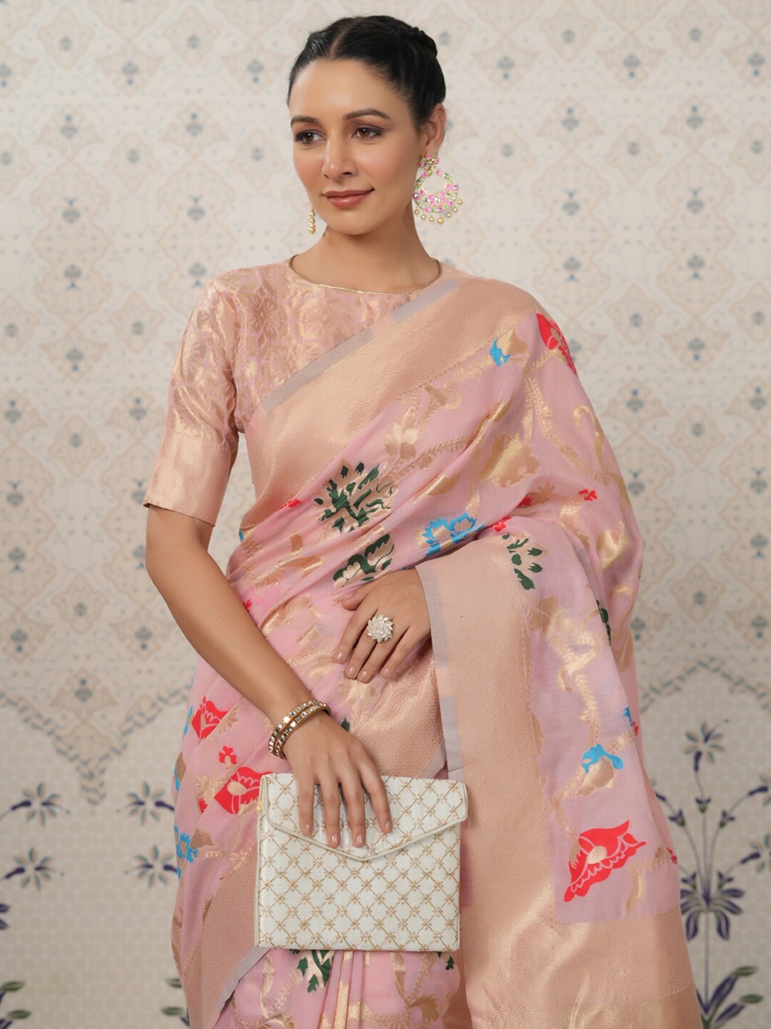 

Ode by House of Pataudi Woven Design Zari Pure Silk Banarasi Saree, Pink