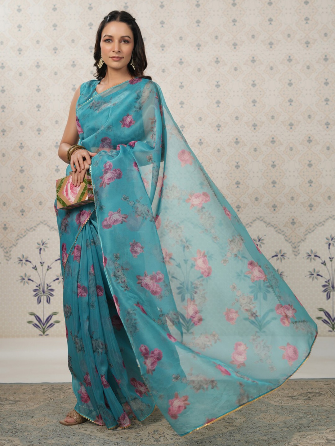 

Ode by House of Pataudi Floral Gotta Patti Organza Saree, Teal