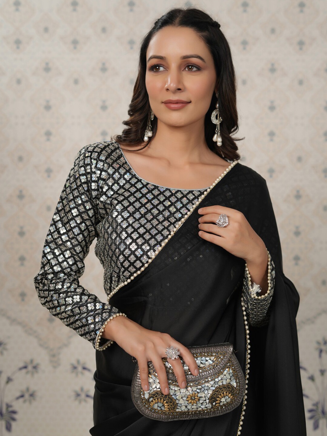 

Ode by House of Pataudi Embroidered Satin Saree, Black