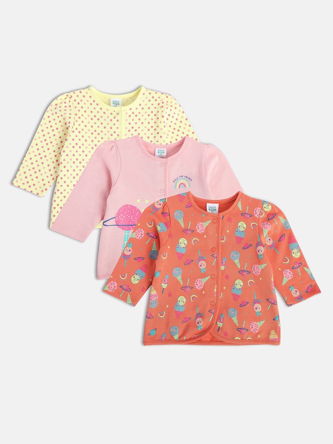 

MINI KLUB Infant Girls Pack Of 3 Printed Pure Cotton Jhablas, Yellow
