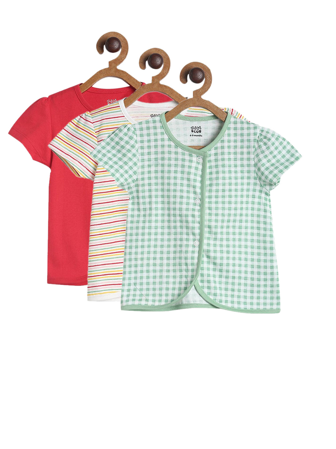 

MINI KLUB Girls Pack Of 3 Striped Henley Neck Cotton Vests, Red