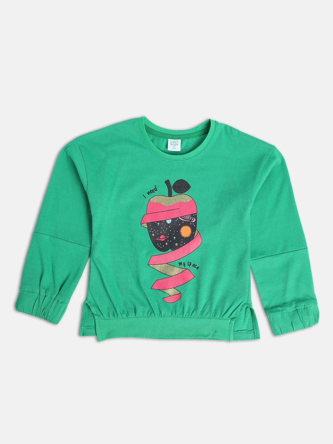 

MINI KLUB Girls Graphic Printed Round Neck Cotton Blouson Top, Green