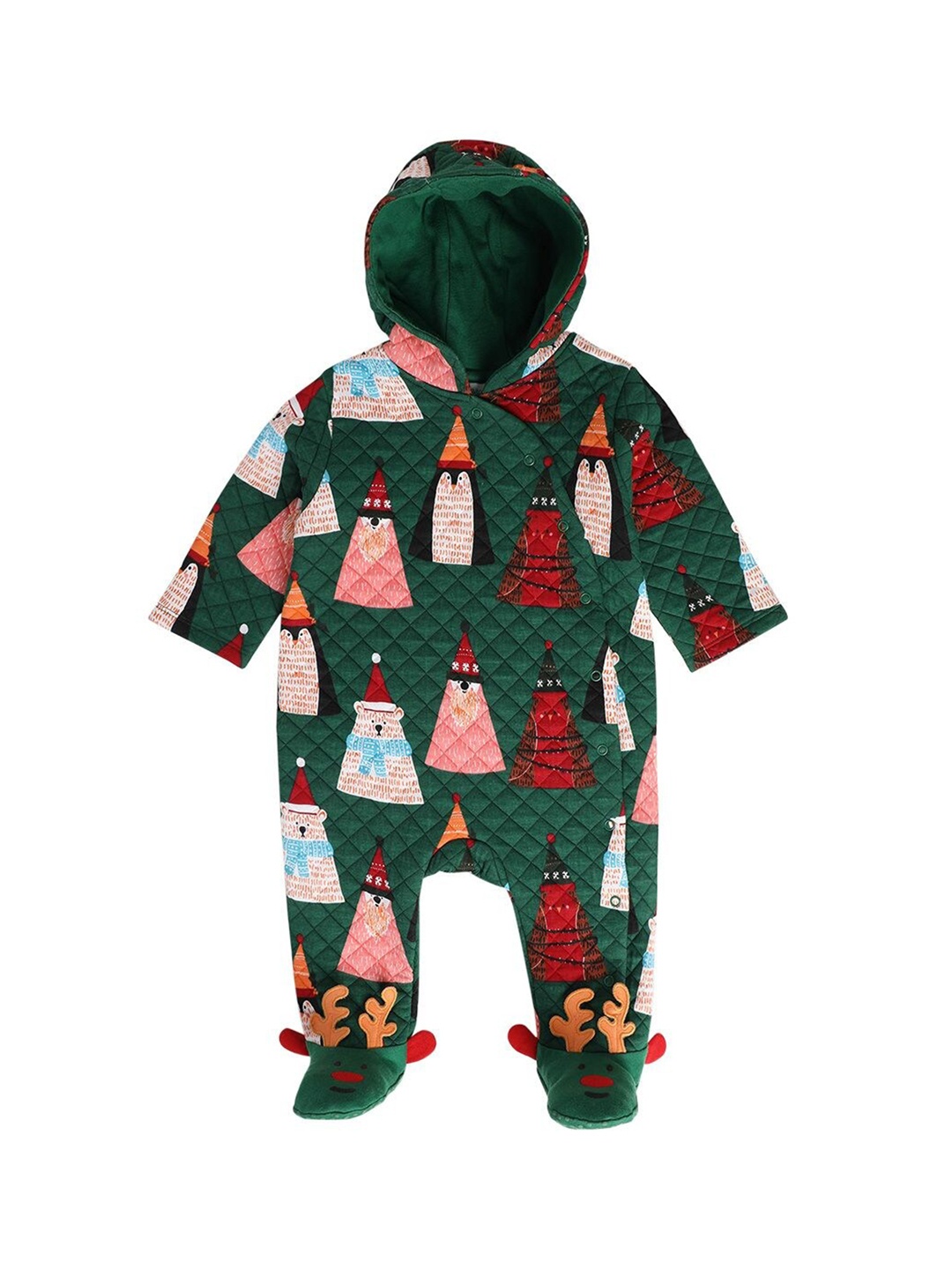 

MINI KLUB Infants Girls Printed Hooded Pure Cotton Sleepsuit, Green