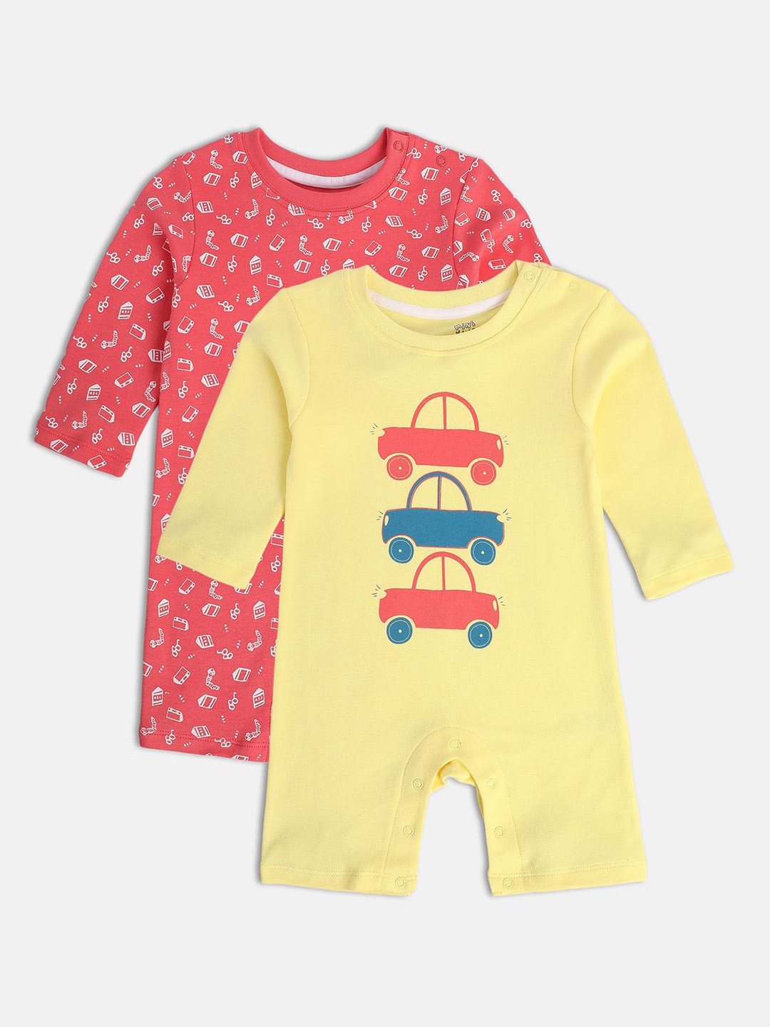 

MINI KLUB Infant Boys Pack of 2 Printed Pure Cotton Rompers, Red