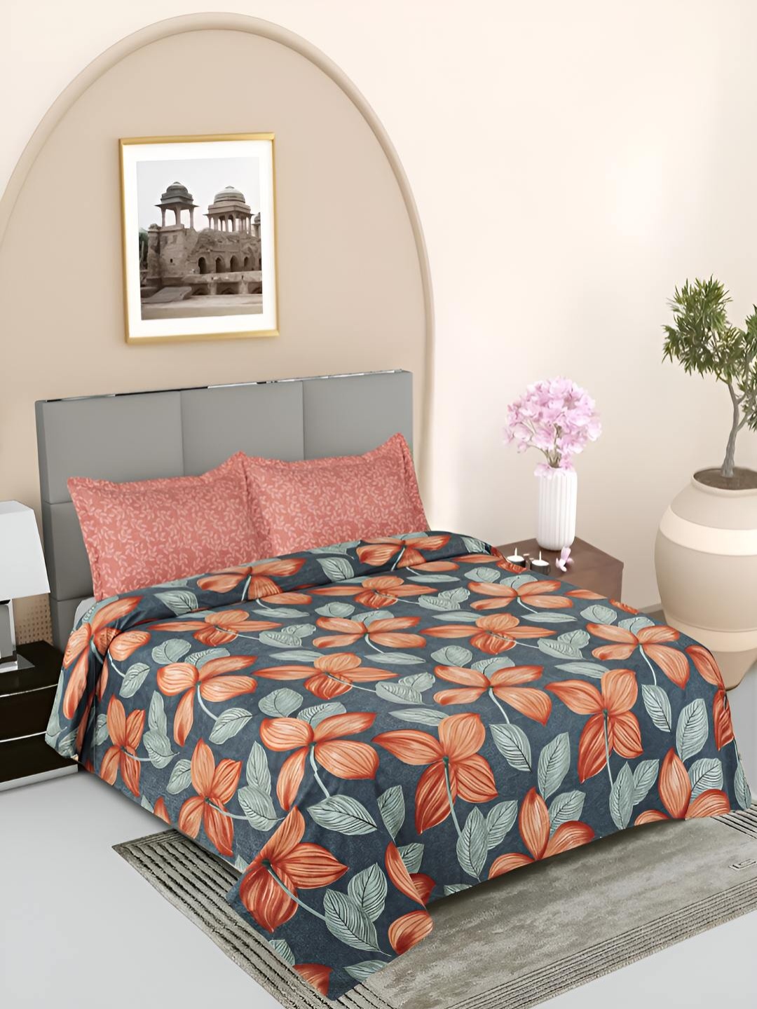 

GAPU & BALY Grey & Orange Floral Printed 120 TC King Bedsheet With 2 Pillow Covers