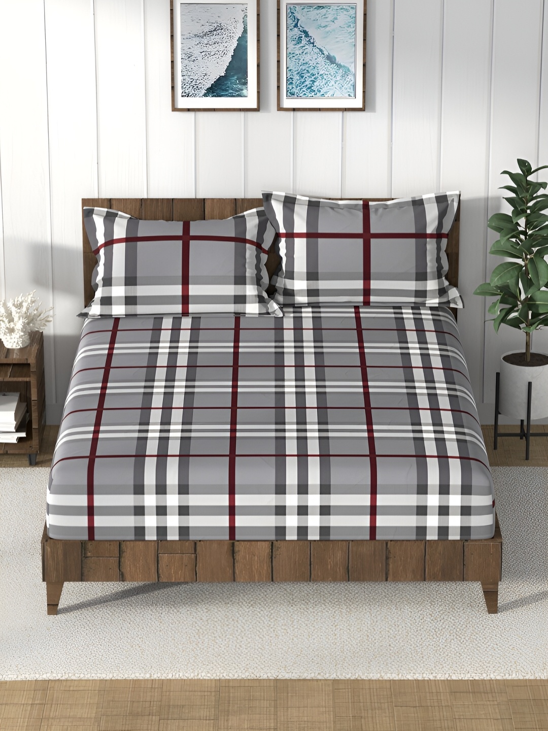 

Nautica Grey & White Geometric 160 TC Cotton Queen Bedsheet with 2 Pillow Covers
