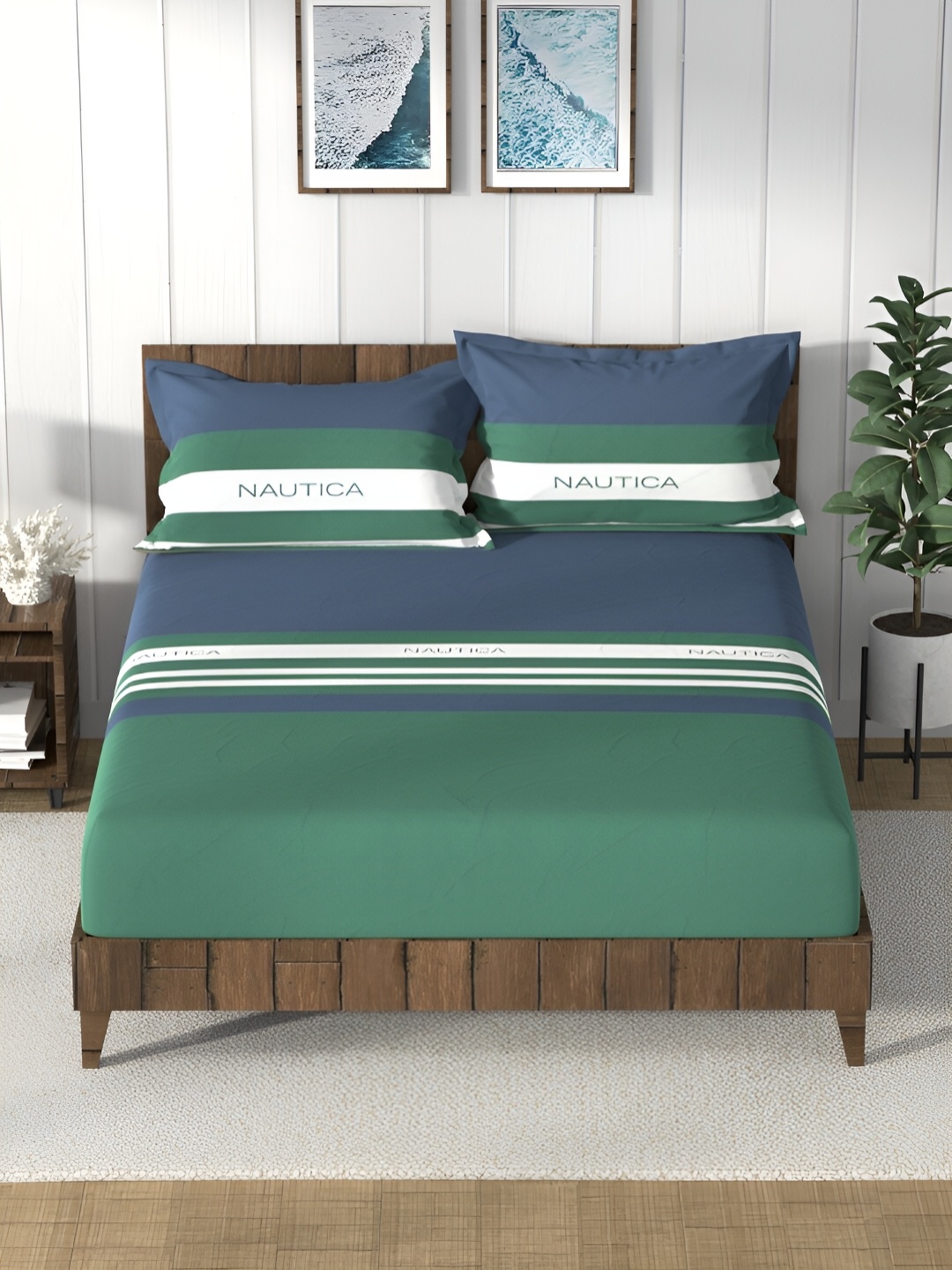 

Nautica Blue & Green Striped 160 TC Cotton Queen Bedsheet with 2 Pillow Covers