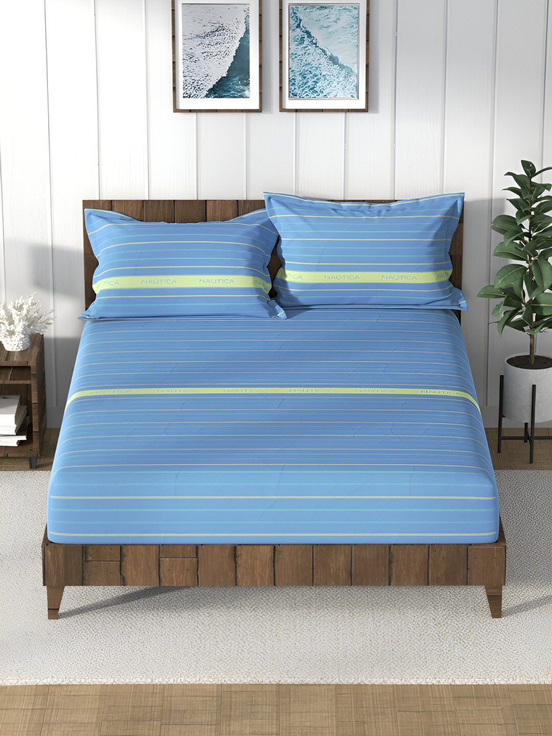 

Nautica Blue & Green Striped 160 TC Cotton Queen Bedsheet with 2 Pillow Covers