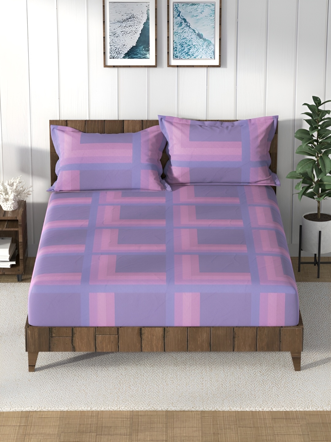 

Nautica Purple Striped 160 TC Cotton Queen Bedsheet with 2 Pillow Covers