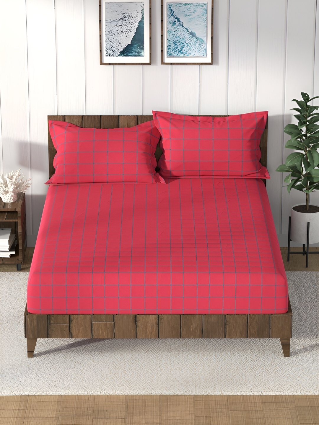 

Nautica Red & Blue Striped 160 TC Cotton Queen Bedsheet with 2 Pillow Covers