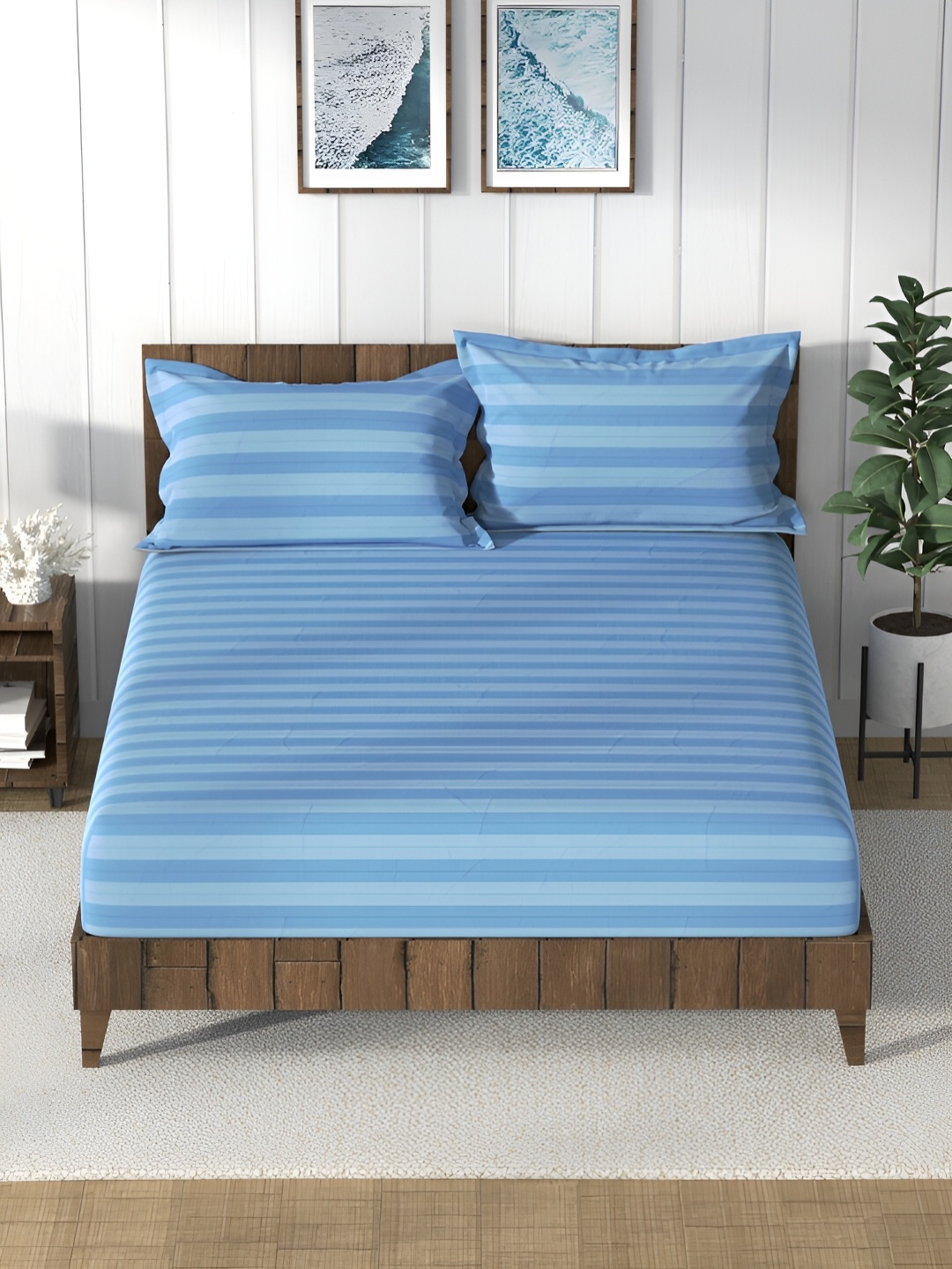 

Nautica Blue Striped 160 TC Cotton Queen Bedsheet with 2 Pillow Covers