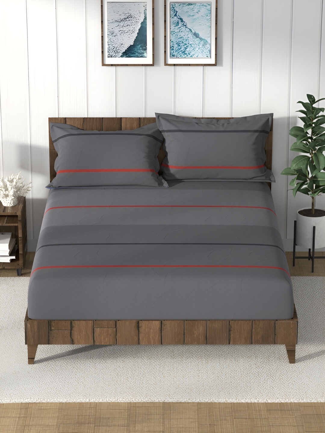 

Nautica Grey & Red Striped 160 TC Cotton Queen Bedsheet with 2 Pillow Covers