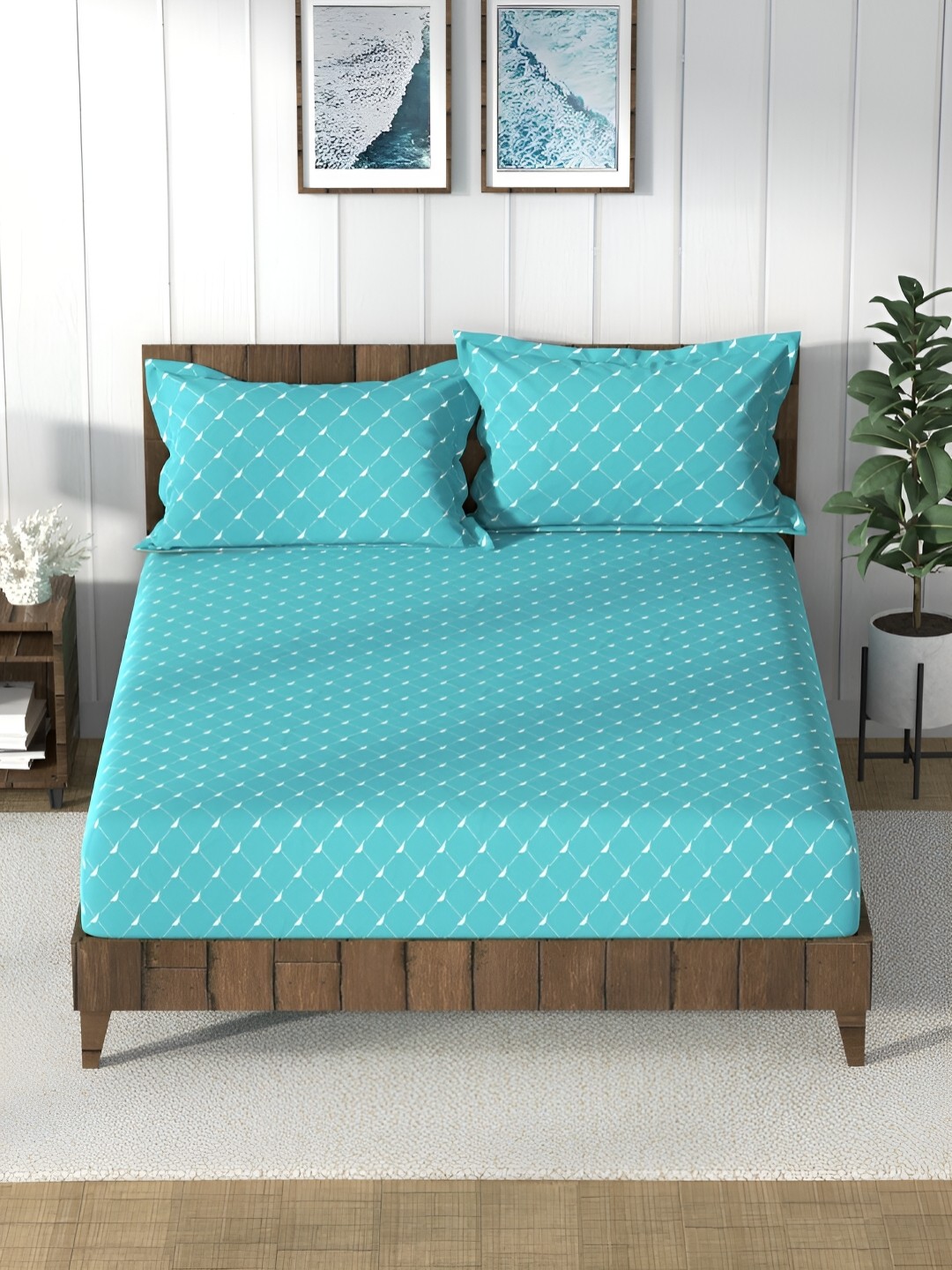 

Nautica Blue & White Striped 160 TC Cotton Queen Bedsheet with 2 Pillow Covers