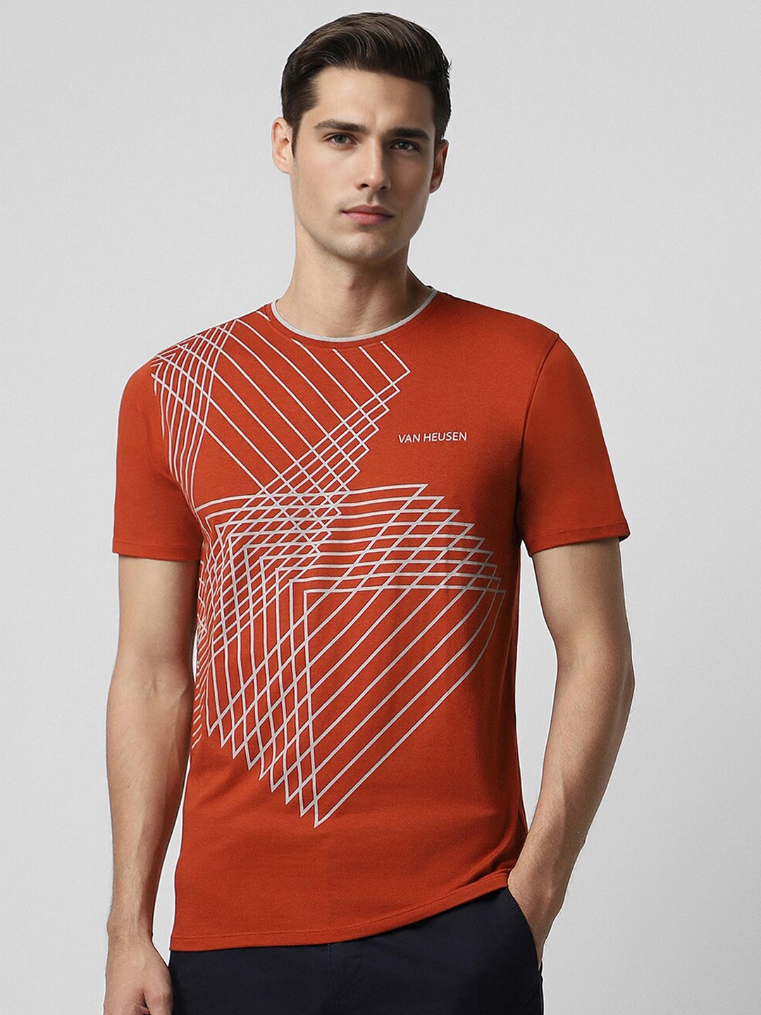 

V Dot Geometric Printed Round Neck Cotton Slim Fit T-shirt, Red