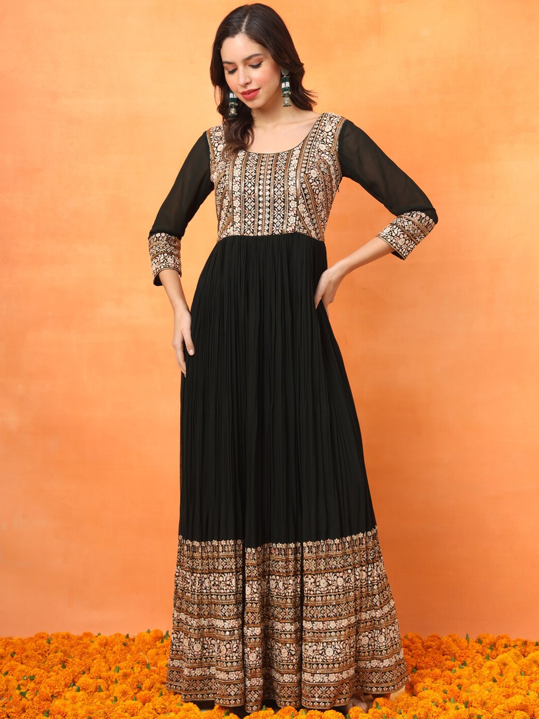 

FABDYOR Floral Embroidered Georgette Flared A-Line Maxi Ethnic Dress, Black