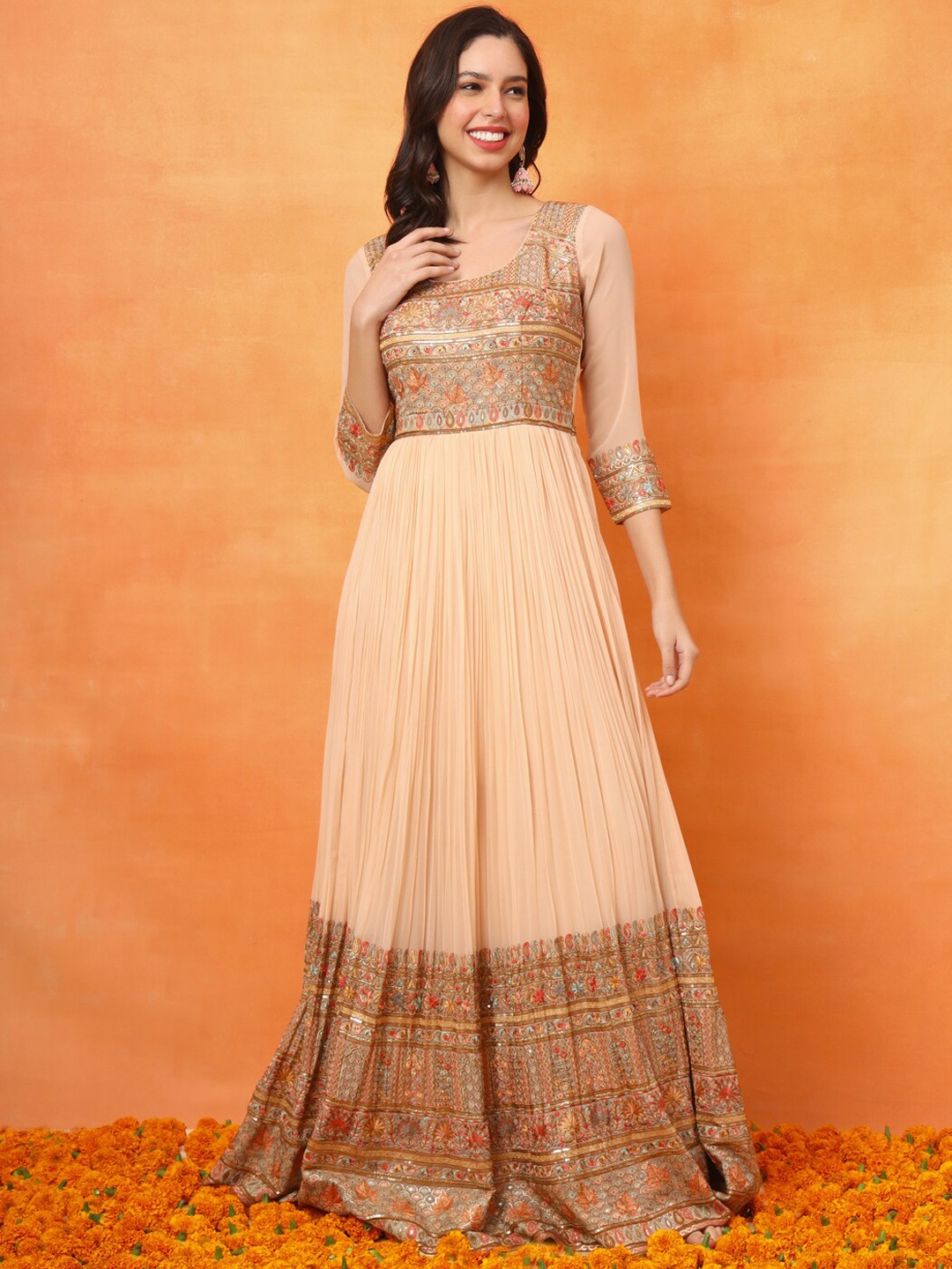 

FABDYOR Ethnic Motifs Embroidered Flared Georgette Maxi Ethnic Dress, Peach