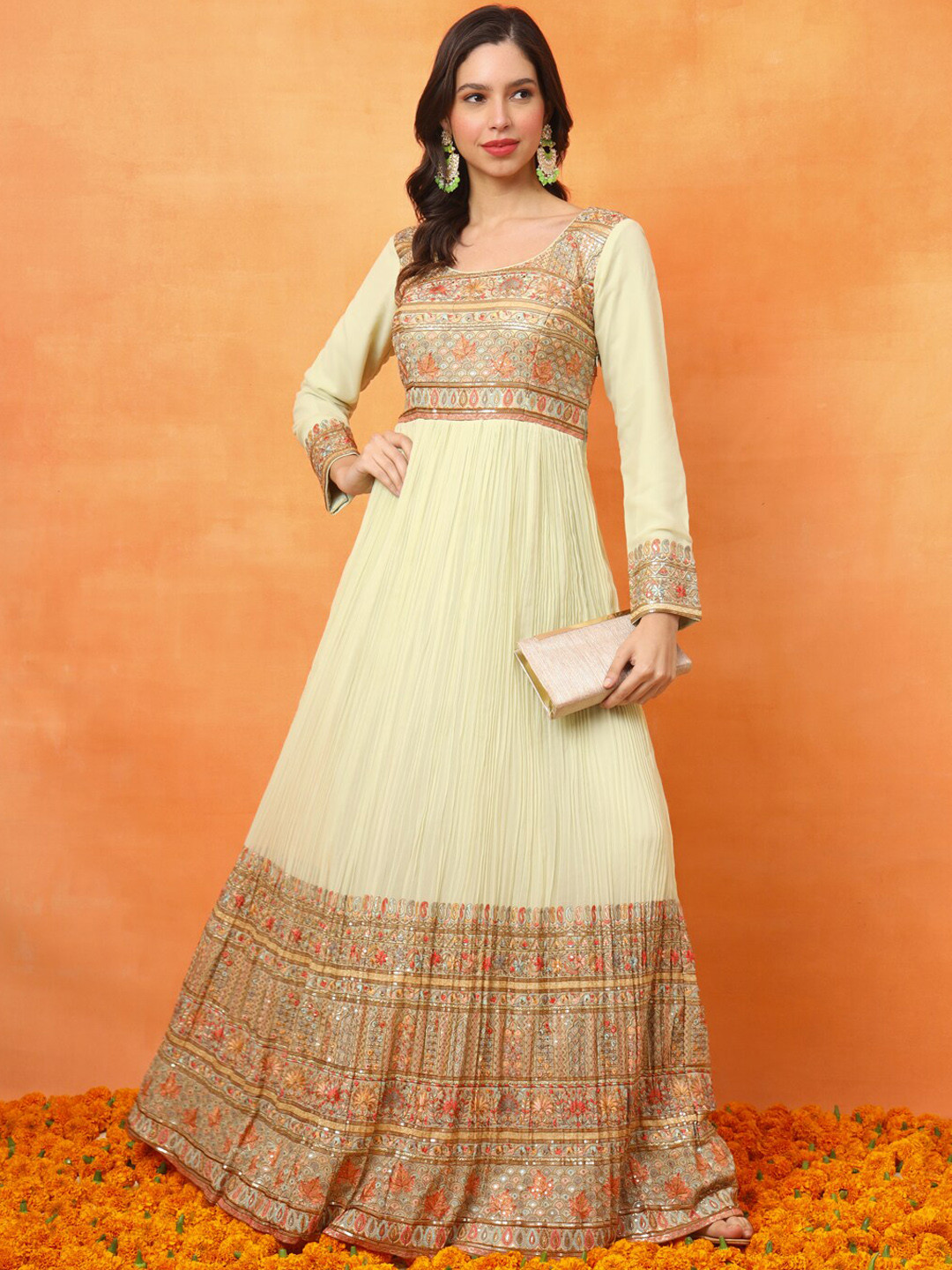 

FABDYOR Ethnic Motifs Embroidered Flared Georgette Maxi Ethnic Dress, Yellow