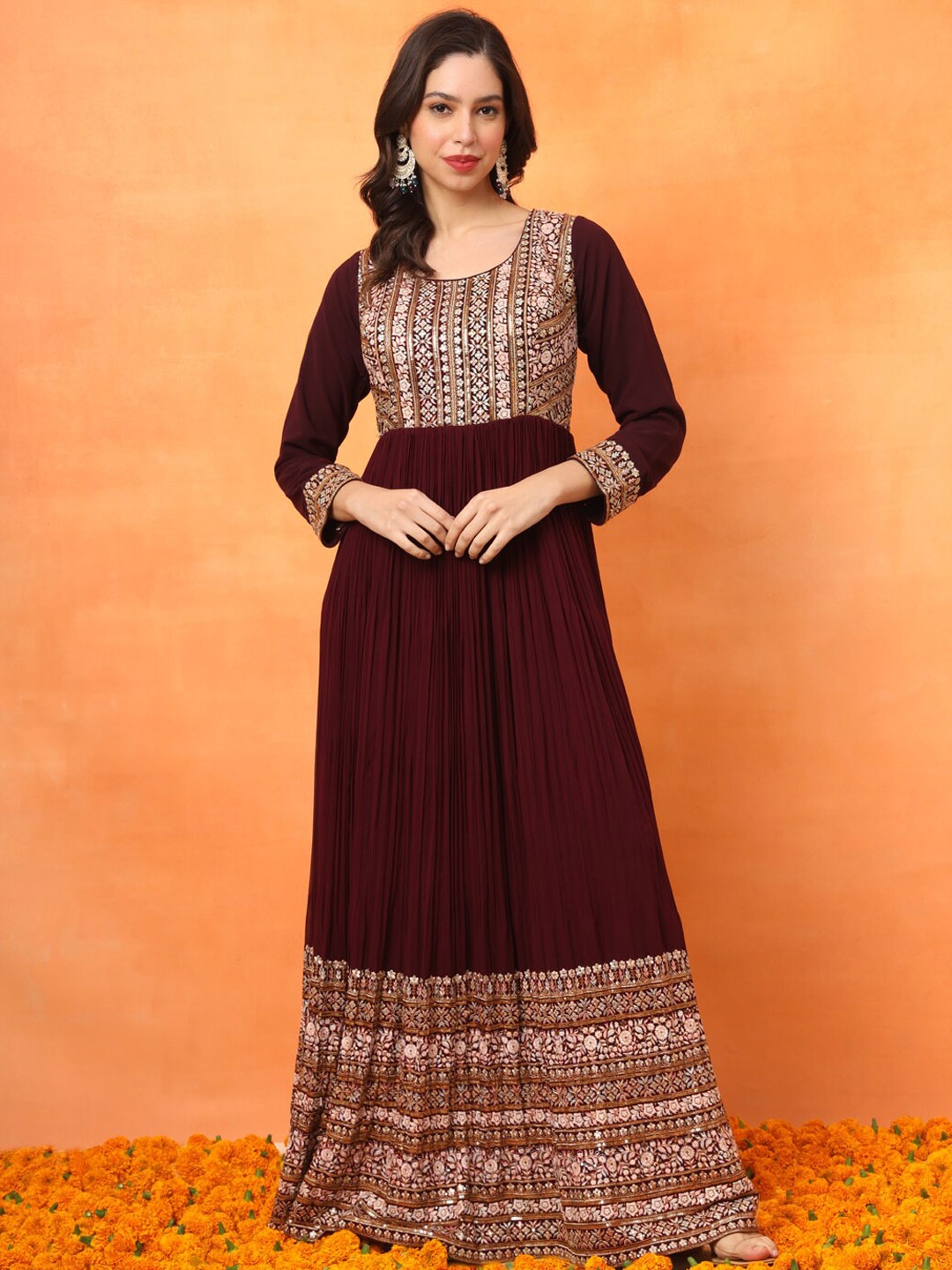 

FABDYOR Floral Embroidered Georgette Flared A-Line Maxi Ethnic Dress, Maroon