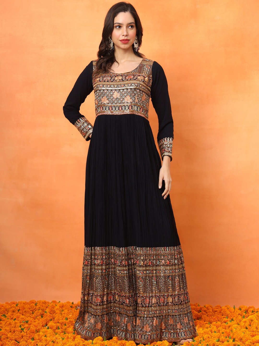 

FABDYOR Floral Embroidered Georgette Flared A-Line Maxi Ethnic Dress, Black