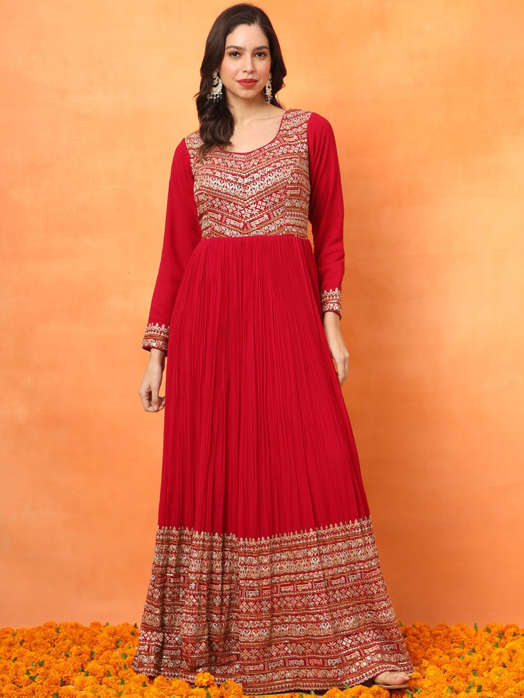

FABDYOR Ethnic Motifs Embroidered Flared Georgette Maxi Ethnic Dress, Red