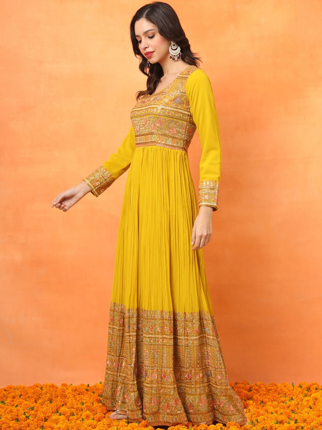 

FABDYOR Ethnic Motifs Embroidered Flared Georgette Maxi Ethnic Dress, Mustard