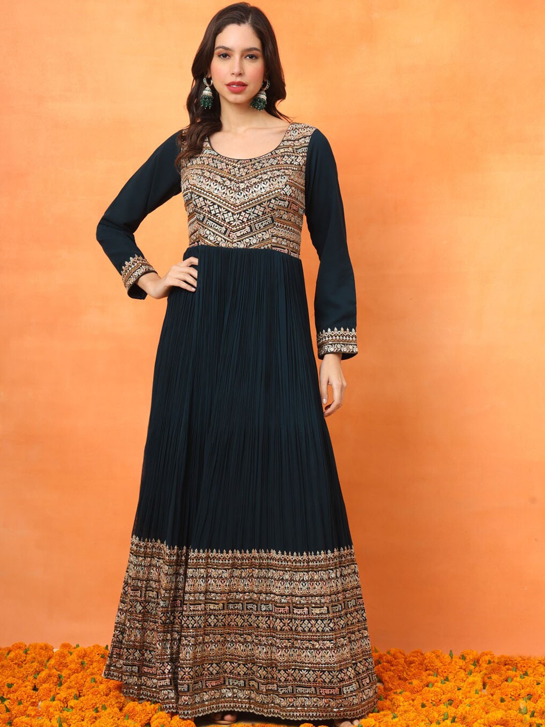 

FABDYOR Floral Embroidered Georgette Flared A-Line Maxi Ethnic Dress, Green