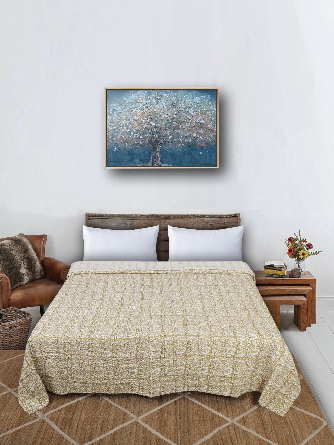 

Bohekant White & Yellow Floral Printed 120 TC Pure Cotton Double Queen Bed Cover