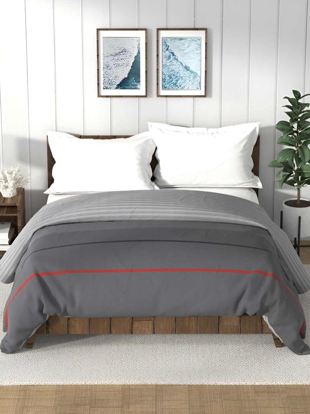 

Nautica Bristol Grey & Red Striped AC Room 150 GSM Double Bed Comforter