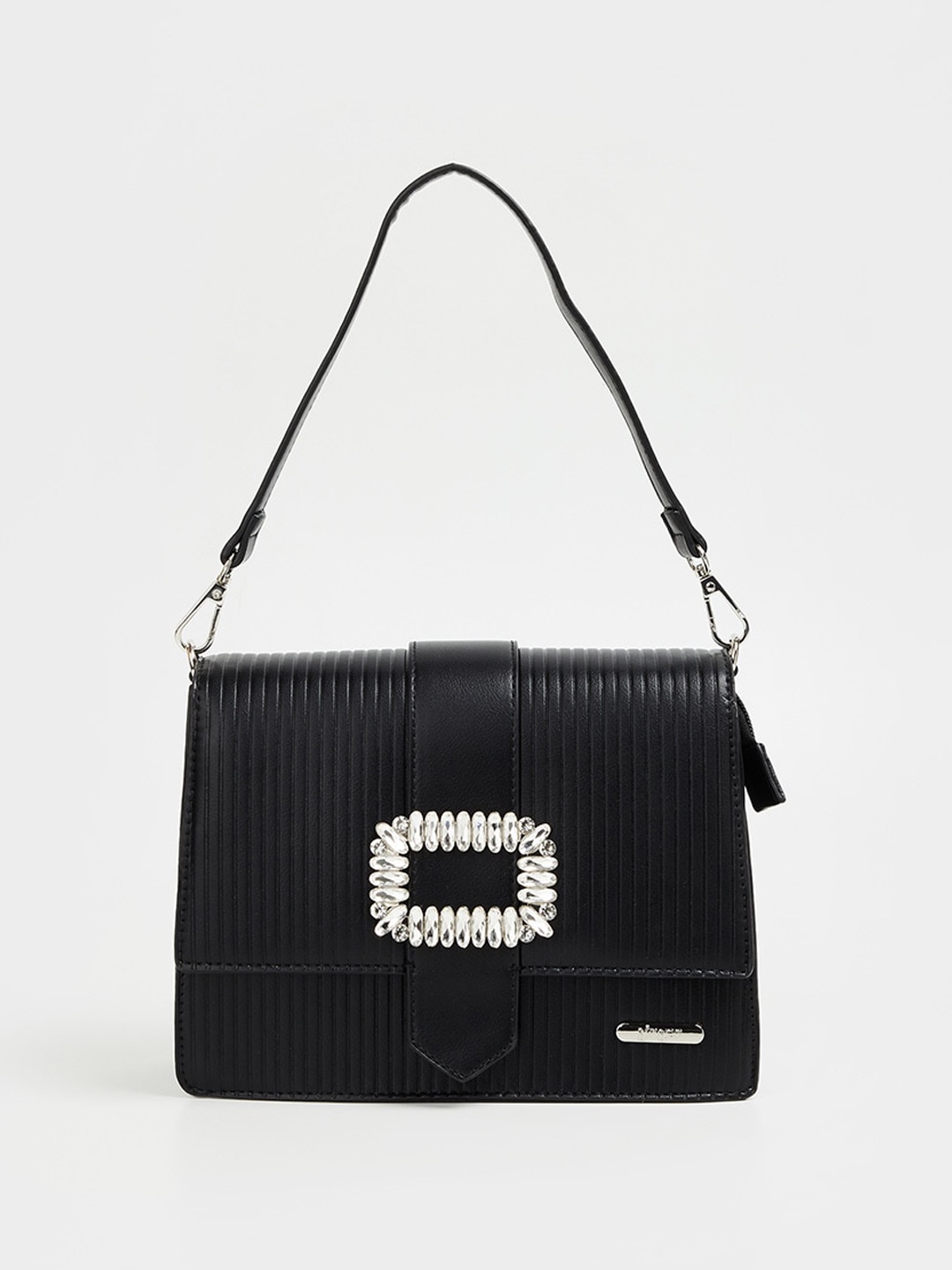 

Ginger by Lifestyle Striped Embellished Structured Handheld Bag, Black