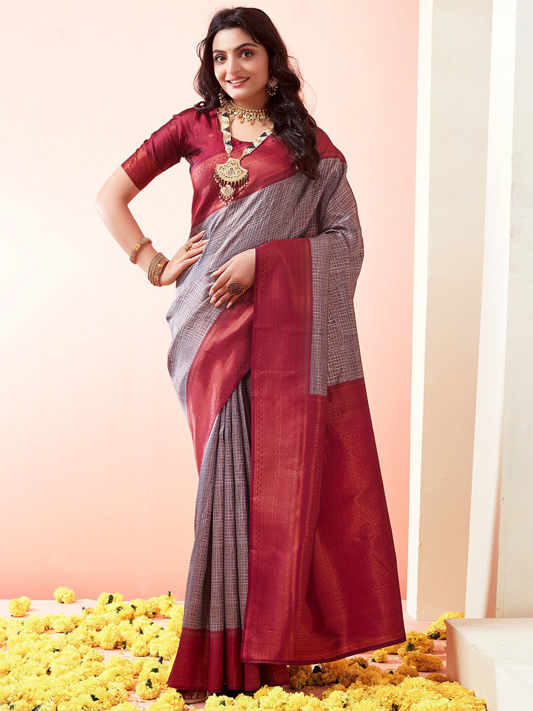 

Mitera Woven Design Zari Banarasi Saree, Grey