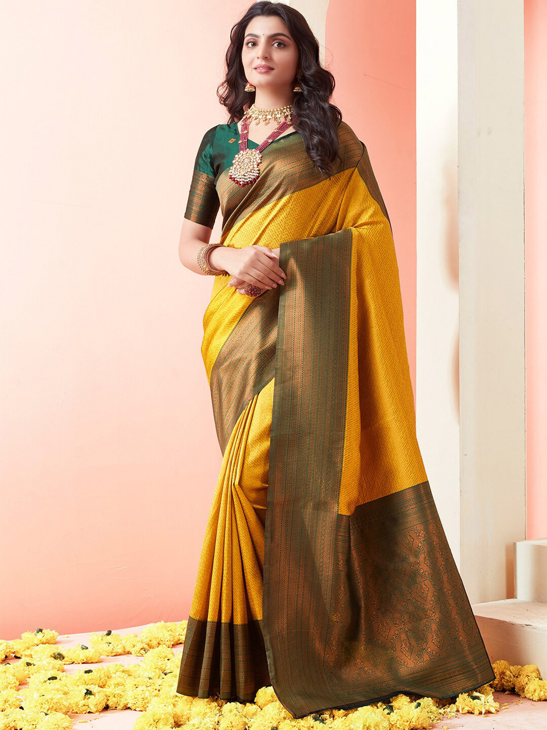 

Mitera Woven Design Zari Banarasi Saree, Yellow
