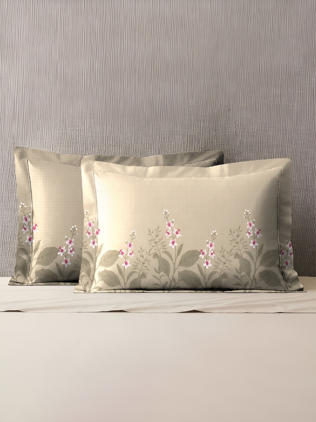

MYTRIDENT Beige & White 2 Pieces Floral Pure Cotton Rectangle Pillow Covers