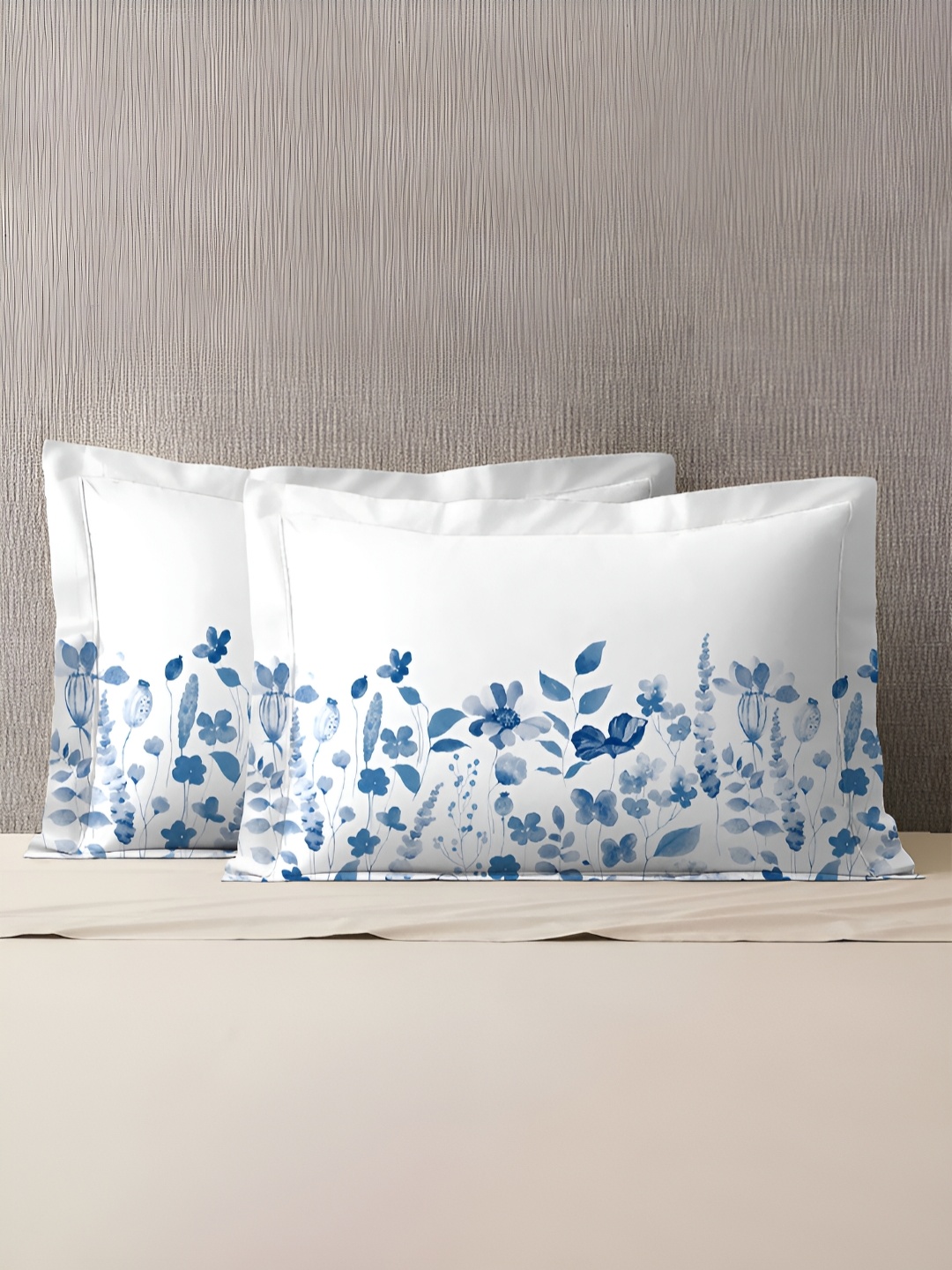 

MYTRIDENT White & Blue 2 Pieces Floral Pure Cotton Rectangle Pillow Covers