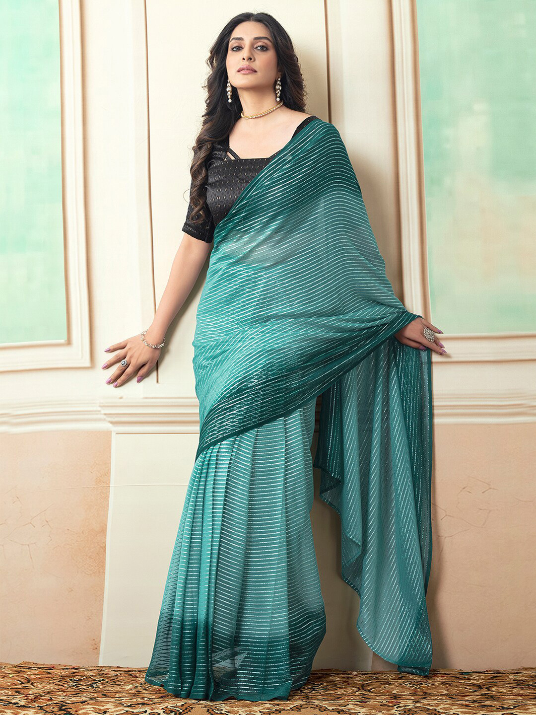 

Mitera Striped Ready to Wear Saree, Green